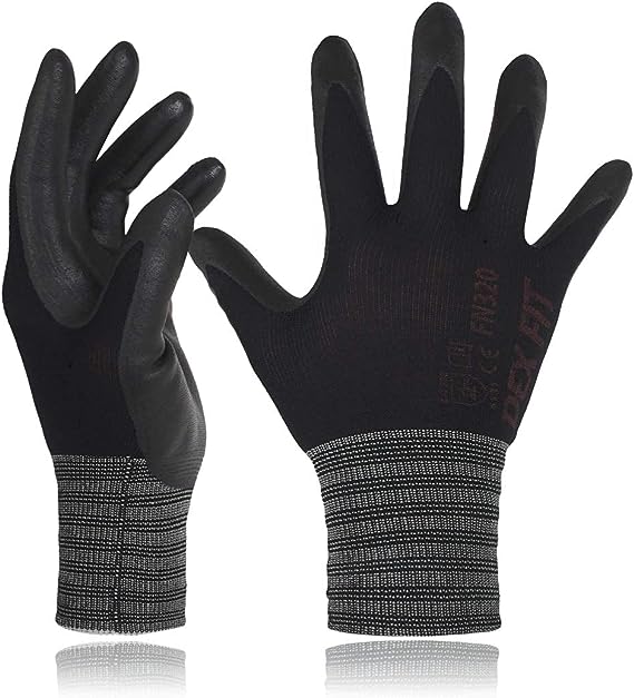 DEX FIT Premium Nylon Nitrile Work Gloves FN320, 1 Pair, 3D-Comfort Stretchy Fit, Firm Grip, Thin & Lightweight, Durable, Breathable & Cool, Machine Washable; Black 7 (S)
