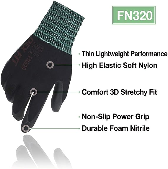 DEX FIT Premium Nylon Nitrile Work Gloves FN320, 1 Pair, 3D-Comfort Stretchy Fit, Firm Grip, Thin & Lightweight, Durable, Breathable & Cool, Machine Washable; Black 7 (S) - Image 4
